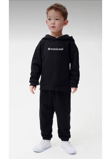 Erkek Çocuk Kız Çocuk Nakışlı Slogan Hashtag Oversize Alt Üst Takım Kapüşonlu 3 İplik Şardonlu Siyah Renk Siyah