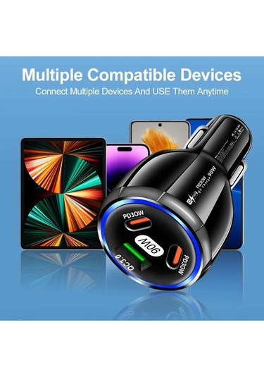 90w Araç Şarj Cihazı Pd Qc3.0 Usb Tip-c Hızlı Araç Şarjı Telefon Adaptörü İphone 14 15 Pro/max Samsung Huawei Xiaomi İçin Arabada Black