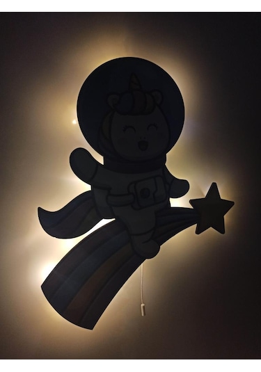 CajuArt Unicorn Astronot Ahşap Işıklı Çocuk Odası Duvar Tablosu