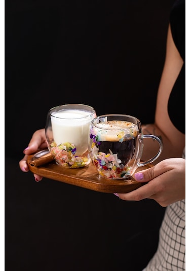 Porsima 2090 Leafy Çift Cidarlı Cam Kupa Çay Kahve Kupası Isı Yalıtımlı Kulplu Cam Bardak 250ml Şeffaf