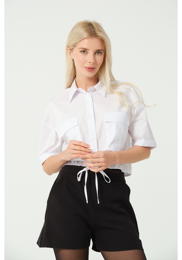 S'amore Clothing Bağcık Detay Crop Gömlek Beyaz Beyaz