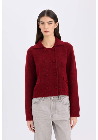DeFacto Regular Fit Polo Yaka Basic Düz Düğmeli Triko Hırka E2289AX24WNBR93 Bordo