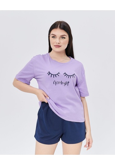 Bella Dossi Pamuklu Kısa Kollu Baskılı Şortlu Kadın Pijama Takımı Mor