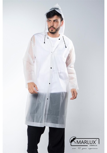 Marlux Unisex Su Rüzgar Geçirmez Kapüşonlu Çıtçıt Düğme Eva Yağmurluk - Beyaz - Siyah