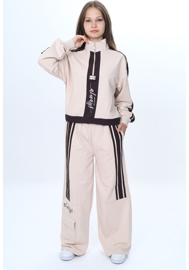 Kız Çocuk 2 İplik Yarım Fermuarlı Garnili Eşofman Takımı %100 Pamuk Rahat Kalıp-325 Bej