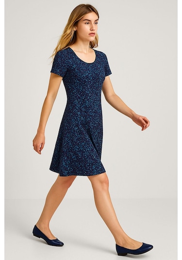 2 Adet Dökümlü Rahat Kalıp Günlük Penye Kumaş Elbise Lacivert - Mavi