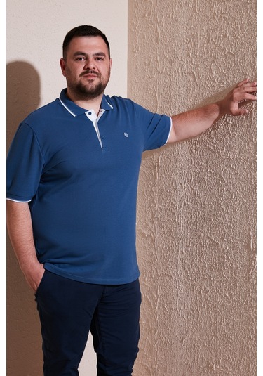 Buratti Büyük Beden Pamuklu Regular Fit Erkek Polo Yaka T Shirt 5902118B Koyu Mavi-Beyaz