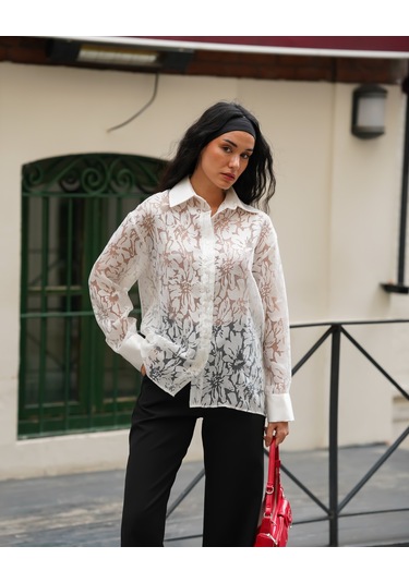 Kadın Transparan Çiçek Desenli Uzun Kollu Gömlek Beyaz