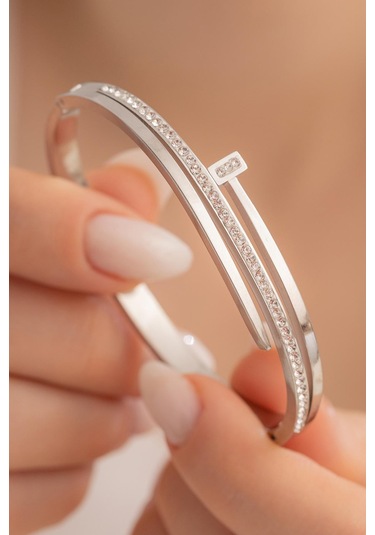 Kadın Çelik Bileklik - Taşlı Çivi Model 3 Sıra Kadın Kelepçe Gümüş