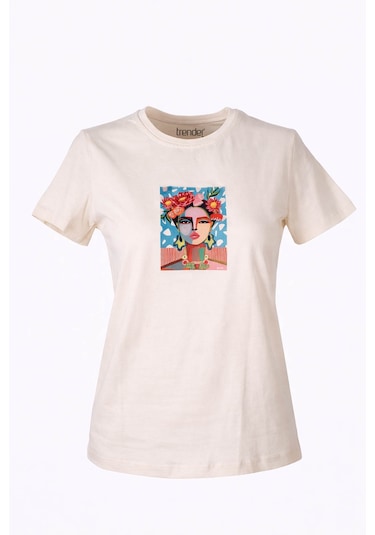 Trender Tablo Bask Bej Kadın T-shirt 26yl71595003 Bej