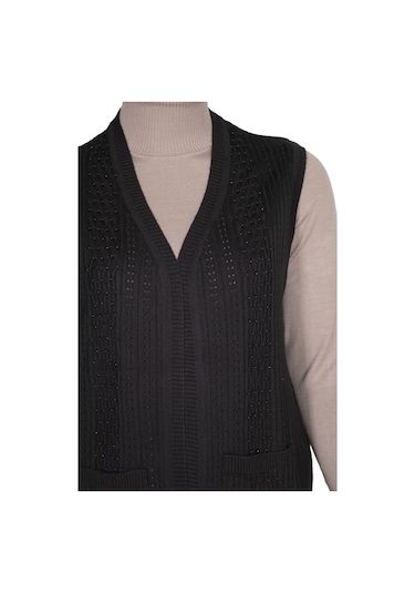 Hesna Kadın Karen Triko Cepli Boncuklu Siyah Yelek Siyah