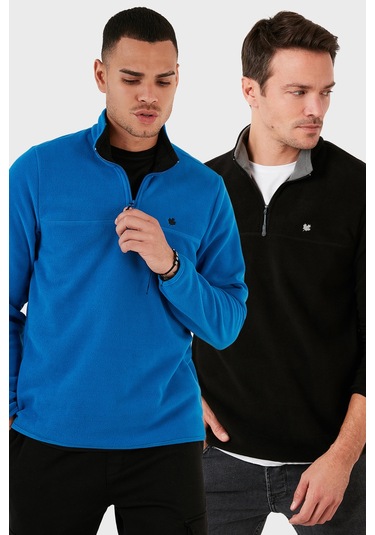 Buratti Slim Fit Anti-Pilling Tüylenme Yapmayan Bato Yaka Şardonlu 2'Li Paket Erkek Polar 5906001S2 Saks-Siyah