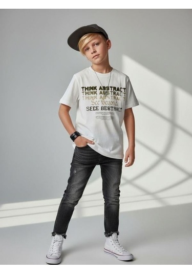 Zekids Erkek Çocuk Baskılı Tasarım T-shirt-16906 Ekru