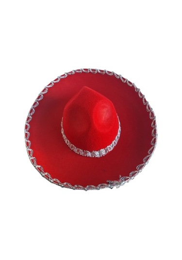 Meksika Mariachi Latin Şapkası Lüks 41cm Kırmızı Zemin Üstüne Gümüş Sim Kenarlıklı Parti Kostümü