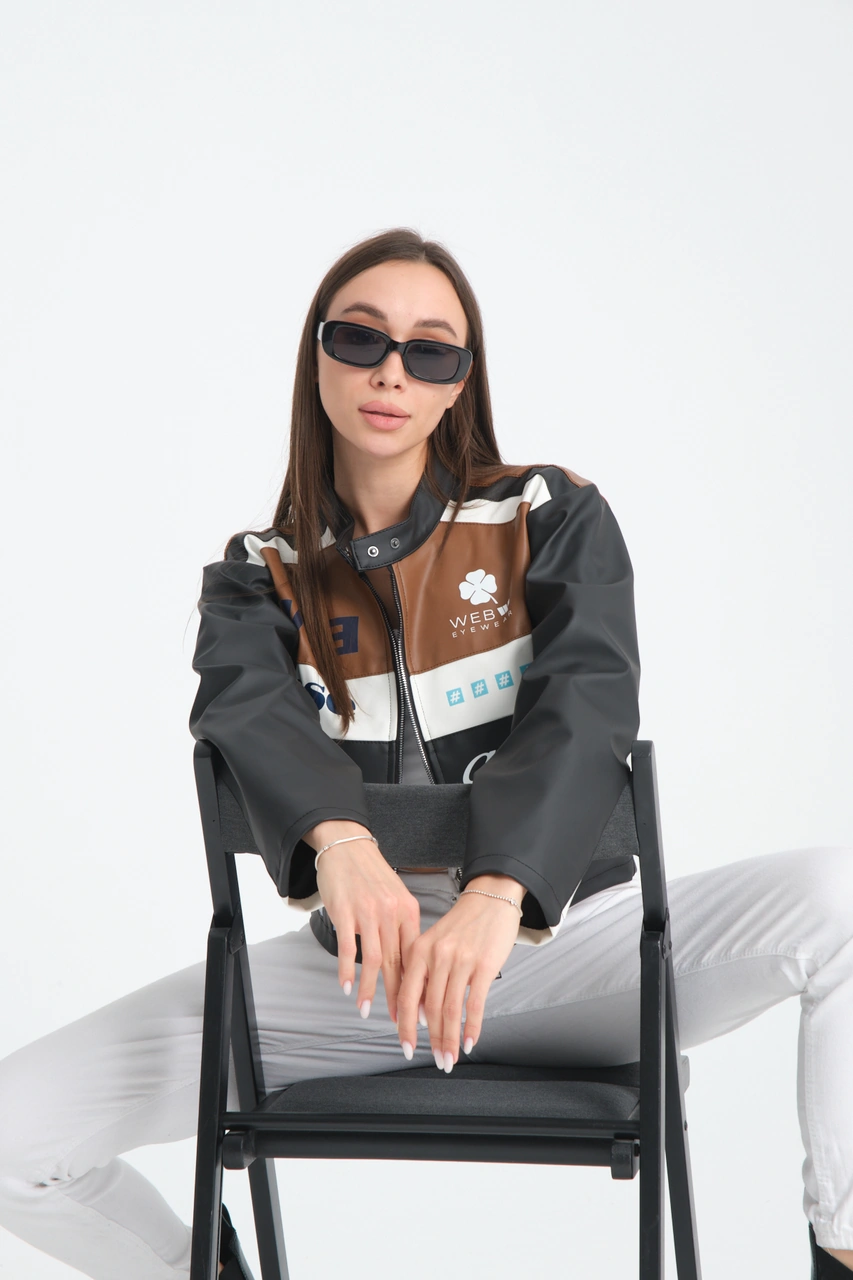 Kadın Oversize Baskılı Deri Şeritli Motorcu Montu Garnili Fermuarlı Yarışçı Ceketi Bomber Kolej Mont Kahve