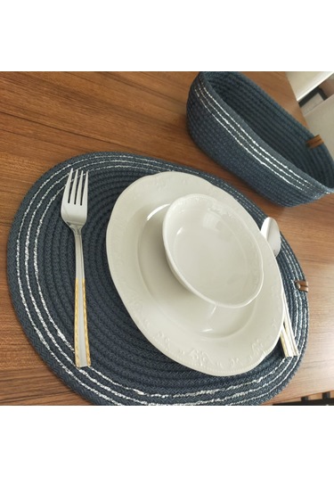 Lacivert 6 Kişilik 8 Parça Amerikan Servis, Hasır Supla Takımı, T Lacivert