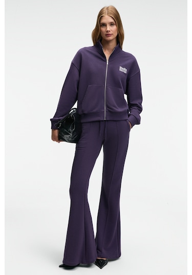 TORINA Kadın Nakış Detaylı Fermuarlı Çift Cepli Relax Mor Ceket