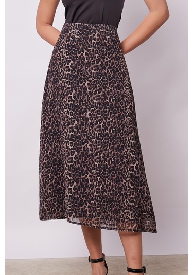 Kadın Desenli Şifon Astarlı Yüksek Bel Kemerli Midi Boy Diz Altı Uzun Çan Etek-leopar Leopar