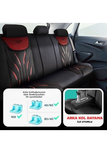 Panda Pars Serisi Deri Oto Koltuk Kılıfı - Kırmızı - Siyah