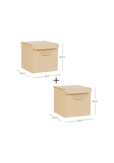 Ocean Home Textile 2'li Bej Balıksırtı Kapaklı Kutu Set 30 x 30 x 30 cm