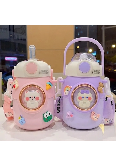 Elmpaly Çocuklar Termos Şişe Kawaii Saman 700 Ml Paslanmaz White And Stickers/ Çok Renkli