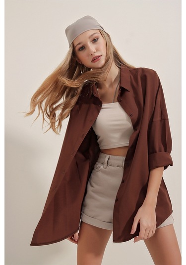 Bigdart 3900 Oversize Uzun Basic Gömlek - Kahverengi 001