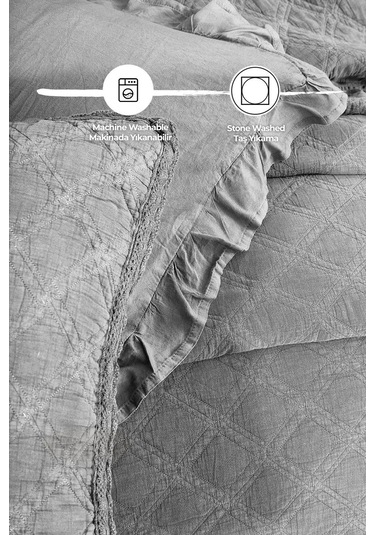 Evlen Home %100 Pamuk Çift Kişilik Özel Taş Yıkama Nevresimli Yatak Örtüsü Seti 7 Parça Yumuşak Barbara Gri