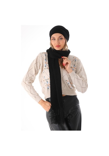 Kadın Ipli Bere Siyah Selanik Örgü Atkı Takım Siyah