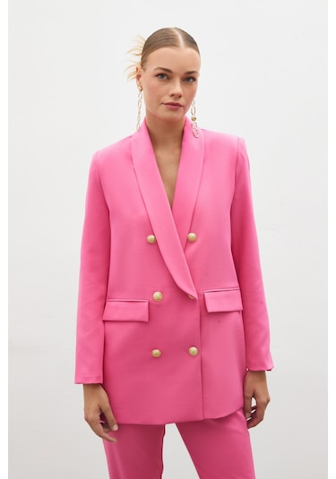 Sateen Düğme Detaylı Kruvaze Ceket - Pembe