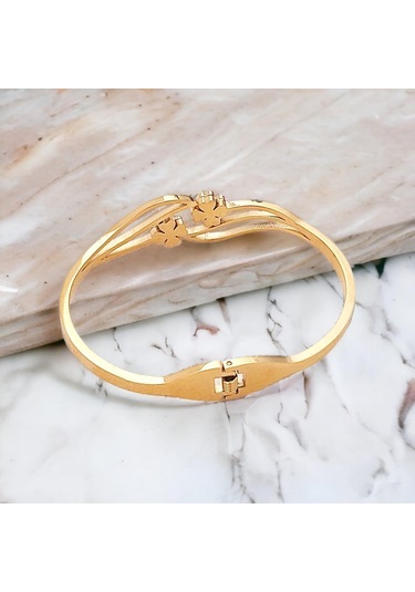 Yonca Temalı Kararmaz Anti Alerjik Gold Çelik Kelepçe Bileklik Şıklığınıza Şans Katın Altın