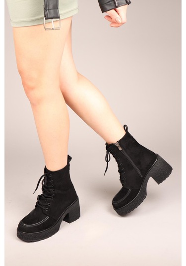 Tullıa Bağcıklı Süet Topuklu Kadın Bot Siyah-7540 Siyah