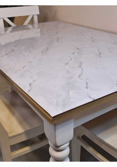 Kalın Pvc Masa Koruyucu 1.2 Mm Mika Örtü, 80 Cm En, Mermer Desen Gümüş