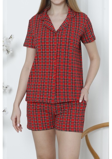 Kadın Düğmeli Şortlu Pijama Takımı Ekoseli Pamuklu Likralı Cepli Kırmızı Nıc1077 R02 Kırmızı