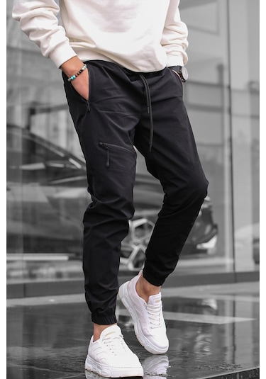 Madmext Siyah Fermuar Detaylı Paraşüt Jogger Pantolon Siyah