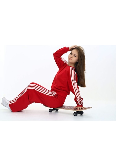 Kız Çocuk %100 Pamuk Uzun Kol Oversize Alt&üst Eşofman Takımı-eşt-0027 Kırmızı-beyaz