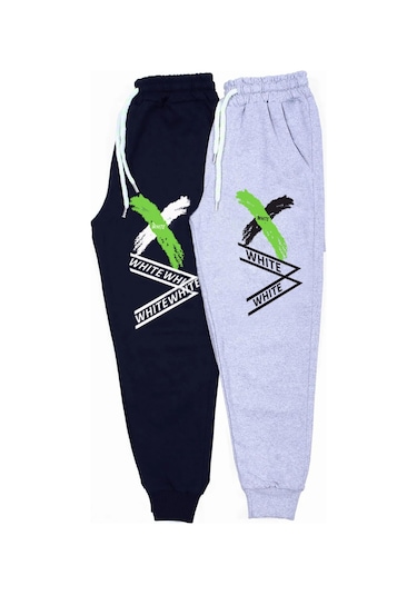 Fyk Kids 2 Li Fermuarlı, Baskılı X Collection Erkek Çocuk Eşofman Altı Gri - Lacivert