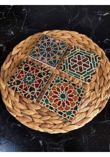 Doğal Taş Bardak Altlığı Geometrik Desenler- Selçuklu Desenleri 4'lü Set 10x10x1 Cm Stone Coasters Çok Renkli