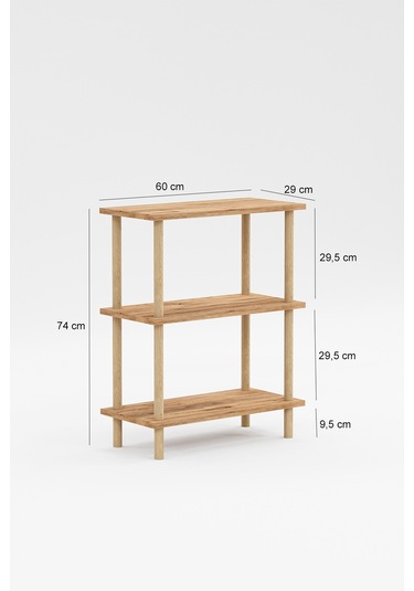 Dekoratif 3 Raflı Ahşap Ayaklı Kitaplık Yan Sehpa Atlantik Çam