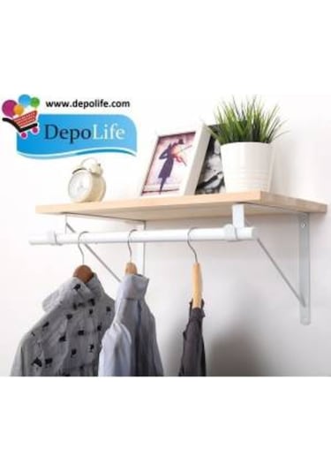 Depolife Raf Tutucu Askı Demirli Askılık Borulu Duvar Ahşap Montajlı Demir