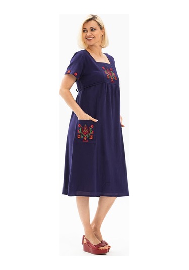 Kısa Kol Şile Bezi Melek Midi Boy Elbise Mor Mor