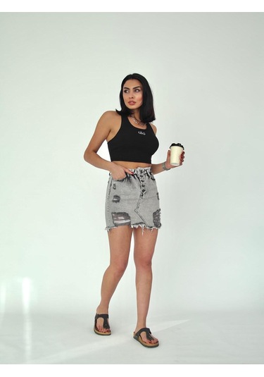 Zeo Basic Ön Düğme Detaylı Beli Lastikli Denim Etek Gri