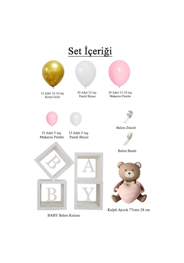 Krom Gold, Makaron Pembe Ve Beyaz Balon Temalı Baby Shower Set Baby Kutu Pembe Kalpli Ayıcık Folyo Ve Balon Zincir Set Pembe