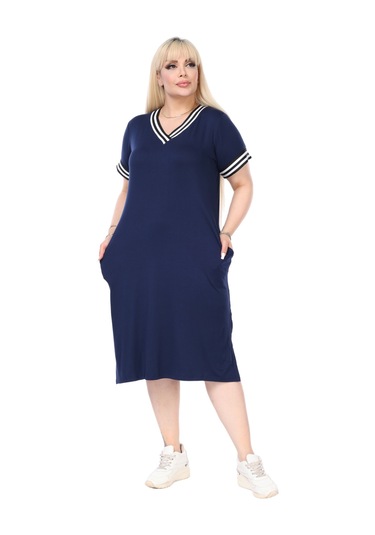 Melsay Butik Lacivert Yakası Şeritli V Yaka Midi Elbise Lacivert