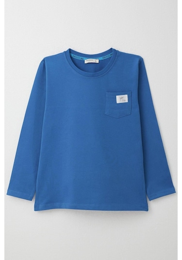 Breeze Erkek Çocuk Uzun Kollu Tişört Cool Yazı Armalı Cepli 4-8 Yaş, Saks Mavisi Saks