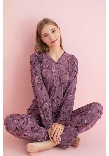 Pijamerry Kadın Dantel Yaka Bambu Uzun Kol Pijama Takımı 5205 - 1 Adet 001