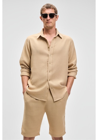 Raımo Erkek %100 Pamuklu Müslin Kumaş Manşetli Uzun Kol Comfort Fit Bej Gömlek