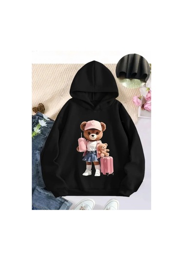 Nefes Alabilen Örme Kumaş, Karikatür Ayı & Kalp Baskılı Bol Kesim SiYAH