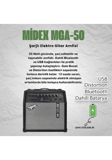 Midex Mga-50-pak Elektro Gitar Amfisi 50 Watt Usb Bluetooth Şarjlı 4 Girişli Mikrofon Kulaklık Stand Kablo