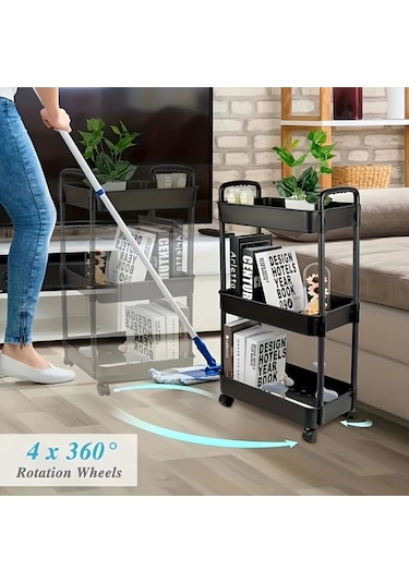 Elmpaly Siyah 3 Katlı Kilitli Tekerlekli Çok Amaçlı Katlanır Organizasyon Arabası