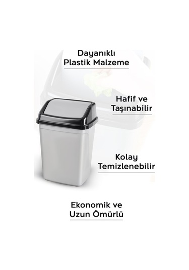 Kapaklı Plastik Çöp Kovası - Ev Ofis Banyo Mutfak Tezgah Üstü Çöp Kovası Gri 2,5 Litre Gri